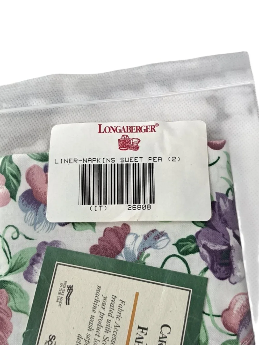 NEW 2 PK LONGABERGER FABRIC NAPKINS SWEET PEA 17